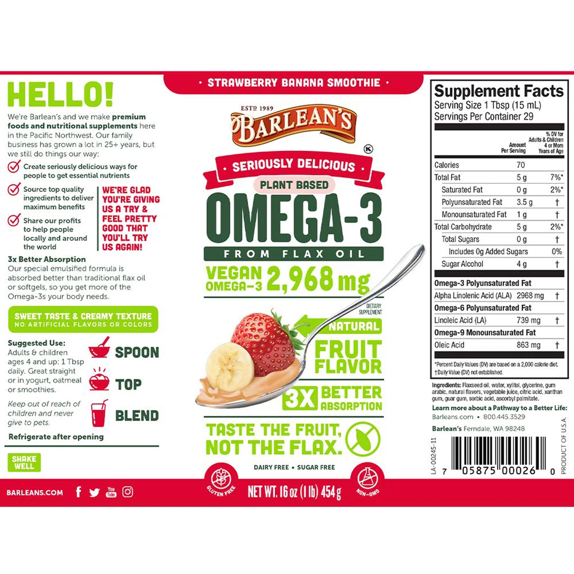 Discount π― Barleans Barlean's Organic Oils Omega Swirl Flax Oil, Strawberry Banana, 16 Oz. Bottle π - Image 2